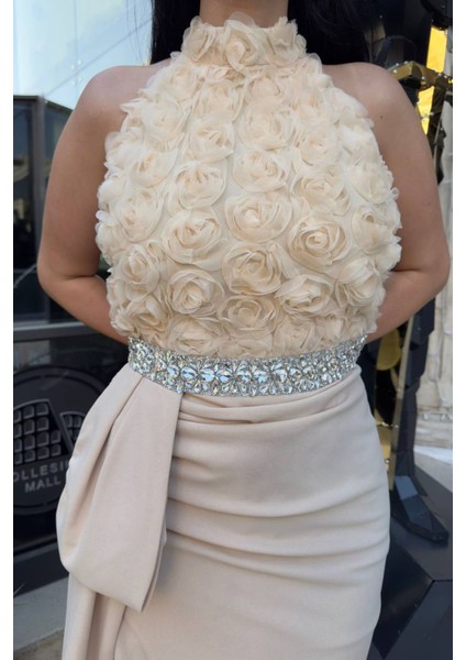 Kadın Premium Gül Detaylı Bel Taş Kemerli Tasarım Abiye Elbise NBNC2527 fiyatları