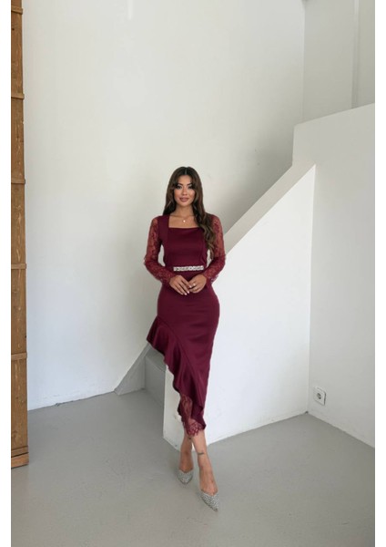 Kadın Dantel Detaylı Taş Kemerli Asimetrik Abiye Elbise NBNC2603