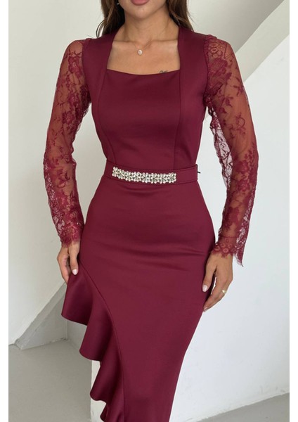 Kadın Dantel Detaylı Taş Kemerli Asimetrik Abiye Elbise NBNC2603 fiyatları