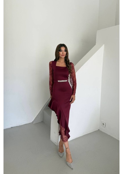 Kadın Dantel Detaylı Taş Kemerli Asimetrik Abiye Elbise NBNC2603 modelleri