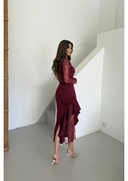 Kadın Dantel Detaylı Taş Kemerli Asimetrik Abiye Elbise NBNC2603 fırsatları