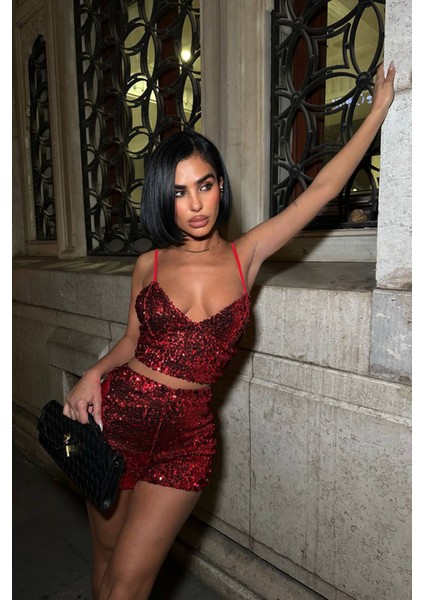 Kadın Pulpayet Askılı Crop Şort Ikili Takım NBDF168 fiyatları