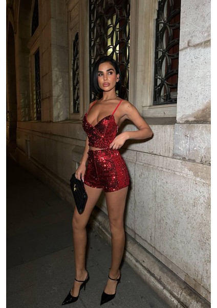 Kadın Pulpayet Askılı Crop Şort Ikili Takım NBDF168 modelleri