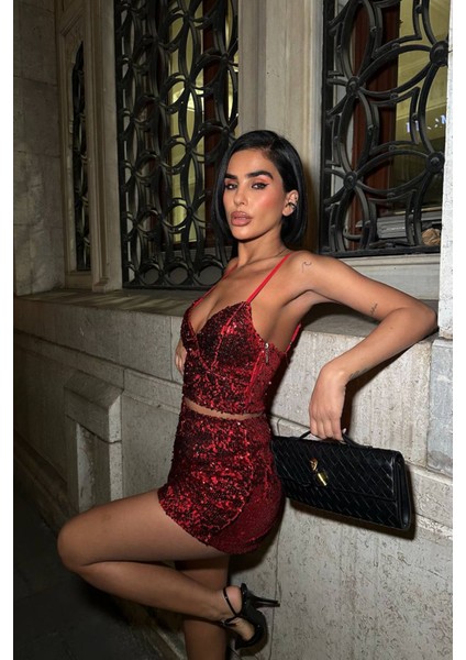 Kadın Pulpayet Askılı Crop Şort Ikili Takım NBDF168 fırsatları