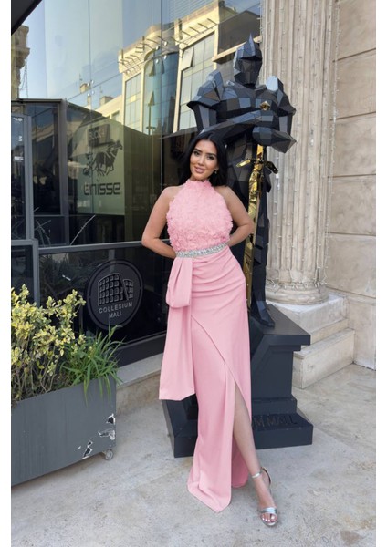 Kadın Premium Gül Detaylı Bel Taş Kemerli Tasarım Abiye Elbise NBNC2527