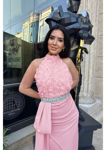 Kadın Premium Gül Detaylı Bel Taş Kemerli Tasarım Abiye Elbise NBNC2527 fiyatları