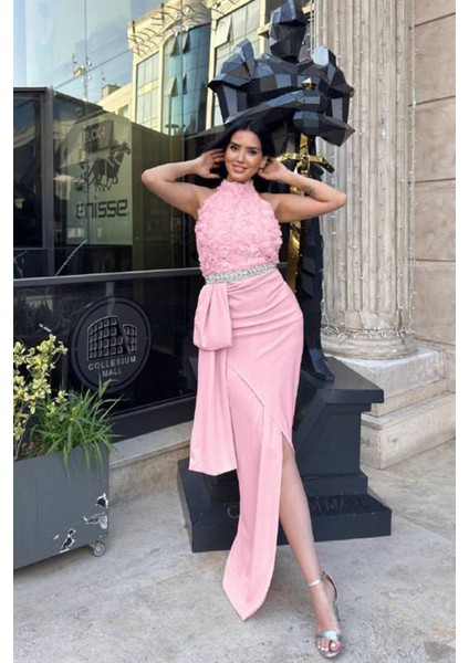 Kadın Premium Gül Detaylı Bel Taş Kemerli Tasarım Abiye Elbise NBNC2527 modelleri