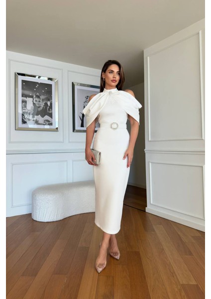Kadın Omuz Detaylı Toka Kemerli Midi Boy Elbise NBNC110095 fiyatları