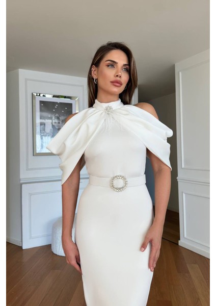 Kadın Omuz Detaylı Toka Kemerli Midi Boy Elbise NBNC110095 modelleri