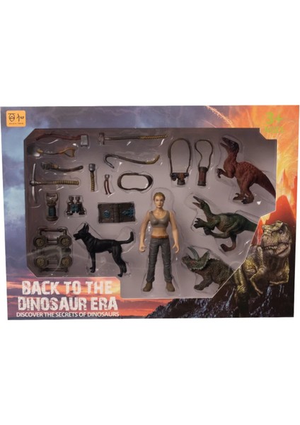 Kadın Figürlü 3 Dinozorlu ve Aksesuarlı Oyun Seti Kız Erkek Çocuk Oyuncak Eğitici Oyuncaklar