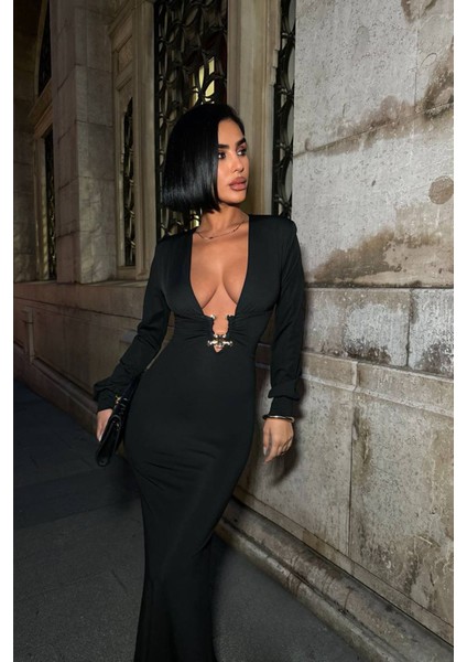 Kadın Derin Dekolteli Uzun Kollu Gold Toka Detaylı Maxi Boy Elbise NBDF173