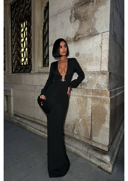 Kadın Derin Dekolteli Uzun Kollu Gold Toka Detaylı Maxi Boy Elbise NBDF173 modelleri