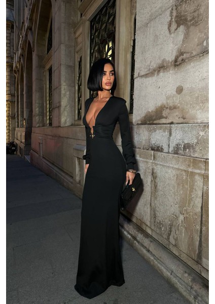 Kadın Derin Dekolteli Uzun Kollu Gold Toka Detaylı Maxi Boy Elbise NBDF173 fırsatları