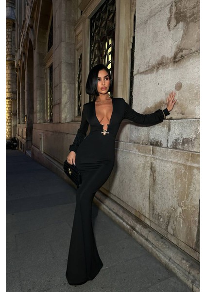 Kadın Derin Dekolteli Uzun Kollu Gold Toka Detaylı Maxi Boy Elbise NBDF173 indirimleri