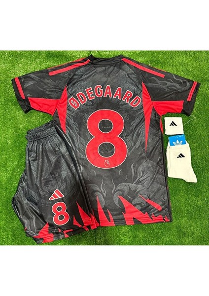 Arsenal 2026 Alevli Panter Desenli Martin Odegaard #8 Yeni Sezon Çocuk Forması 4’lü Set