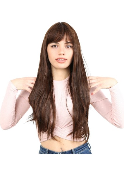 Fiber Sentetik Uzun Düz Kahküllü Peruk / Kahve Karamel fiyatları