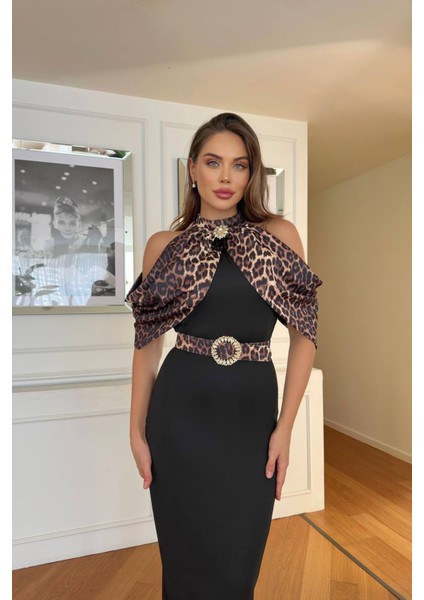 Kadın Omuz Detaylı Leopar Desen Toka Kemerli Midi Boy Elbise NBNC110095
