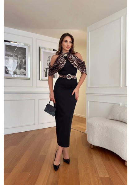 Kadın Omuz Detaylı Leopar Desen Toka Kemerli Midi Boy Elbise NBNC110095 fiyatları