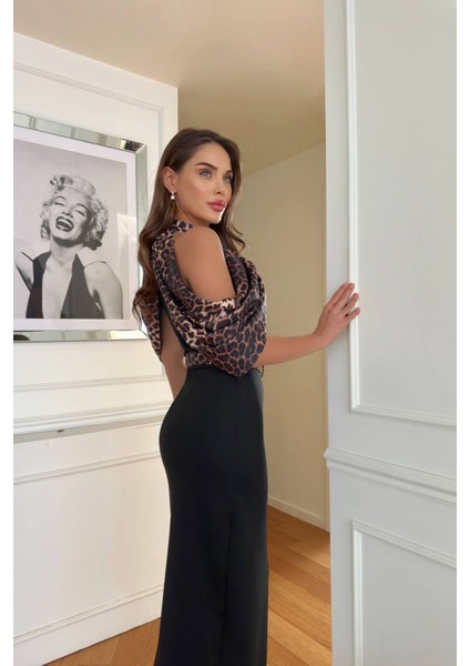 Kadın Omuz Detaylı Leopar Desen Toka Kemerli Midi Boy Elbise NBNC110095 modelleri