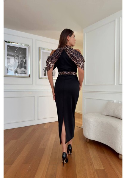Kadın Omuz Detaylı Leopar Desen Toka Kemerli Midi Boy Elbise NBNC110095 fırsatları