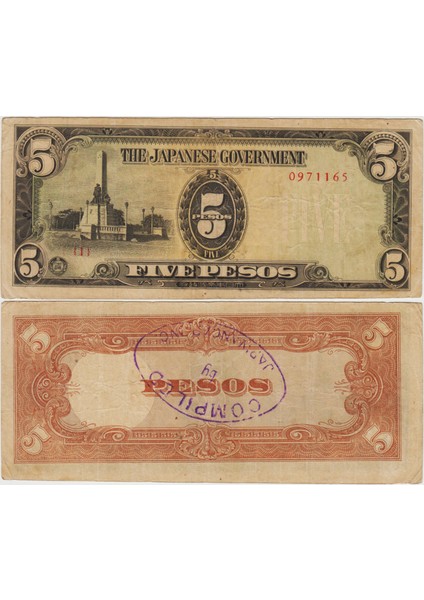 Japonya Iı. Dünya Savaşı Işgal Toprakları Filipinler Için 5 Peso 1943 Damgalı Çok Temiz