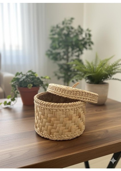 El Yapımı Hasır Kapaklı Sepet Doğal Dekoratif Saklama Kutusu | Makyaj, Oyuncak, Ekmek, Aksesuar Düzenleyici