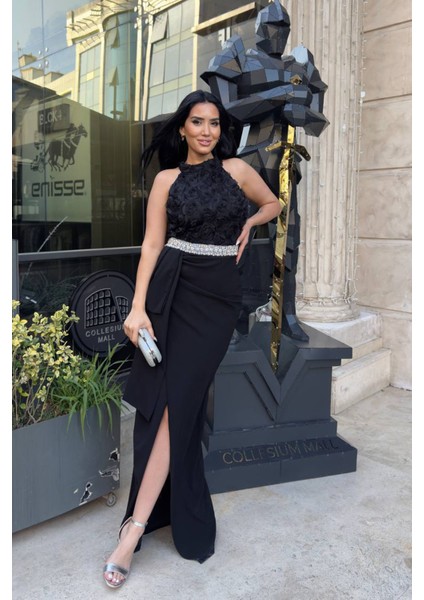 Kadın Premium Gül Detaylı Bel Taş Kemerli Tasarım Abiye Elbise NBNC2527