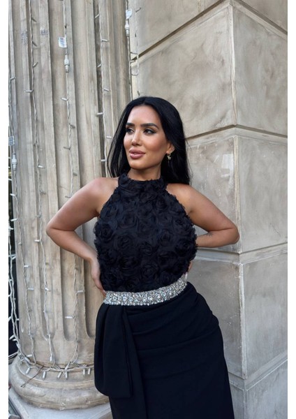 Kadın Premium Gül Detaylı Bel Taş Kemerli Tasarım Abiye Elbise NBNC2527 fiyatları