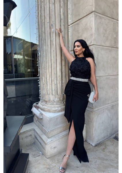 Kadın Premium Gül Detaylı Bel Taş Kemerli Tasarım Abiye Elbise NBNC2527 modelleri