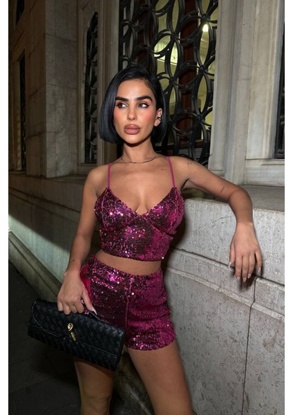 Kadın Pulpayet Askılı Crop Şort Ikili Takım NBDF168