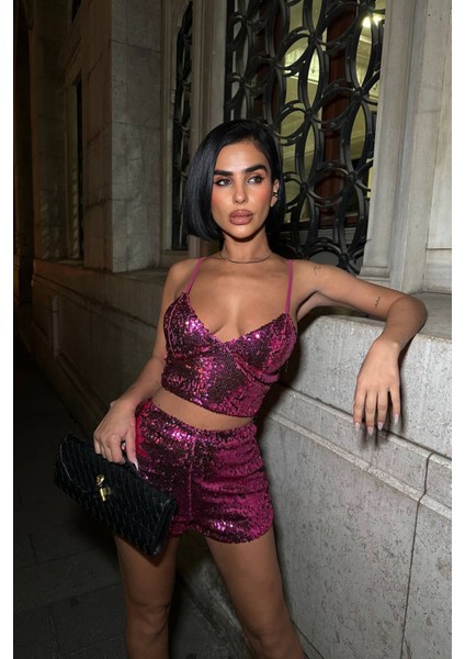 Kadın Pulpayet Askılı Crop Şort Ikili Takım NBDF168 modelleri