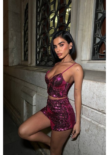 Kadın Pulpayet Askılı Crop Şort Ikili Takım NBDF168 fırsatları