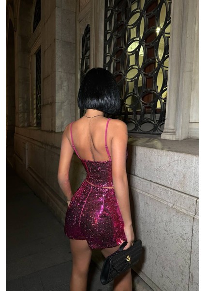 Kadın Pulpayet Askılı Crop Şort Ikili Takım NBDF168 indirimleri