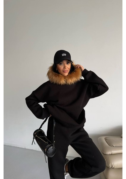 Kadın Kürk Kapüşonlu 3 Iplik Oversize Eşofman Takımı NBTQ001