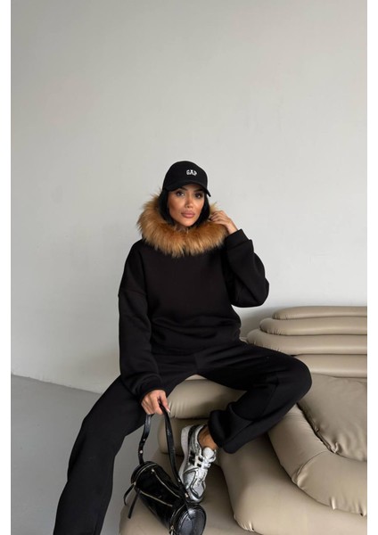 Kadın Kürk Kapüşonlu 3 Iplik Oversize Eşofman Takımı NBTQ001 fiyatları