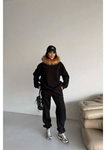 Kadın Kürk Kapüşonlu 3 Iplik Oversize Eşofman Takımı NBTQ001 modelleri