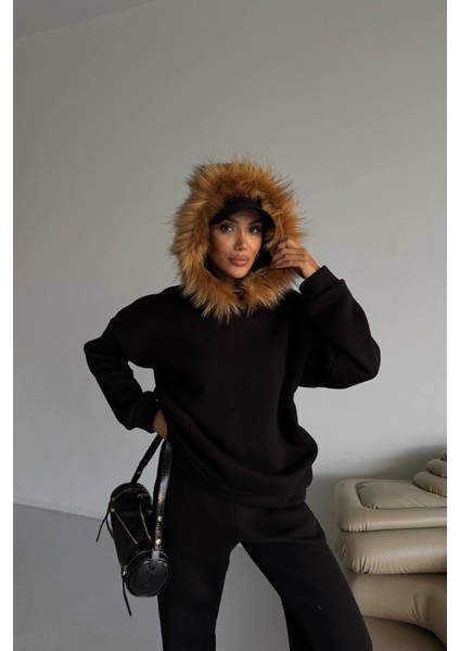 Kadın Kürk Kapüşonlu 3 Iplik Oversize Eşofman Takımı NBTQ001 fırsatları