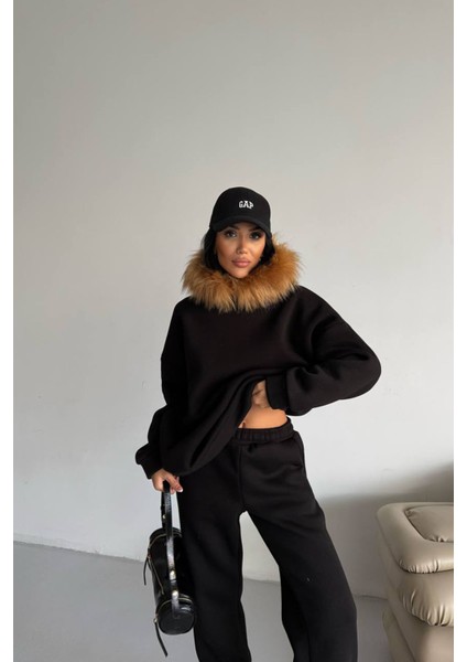Kadın Kürk Kapüşonlu 3 Iplik Oversize Eşofman Takımı NBTQ001 indirimleri