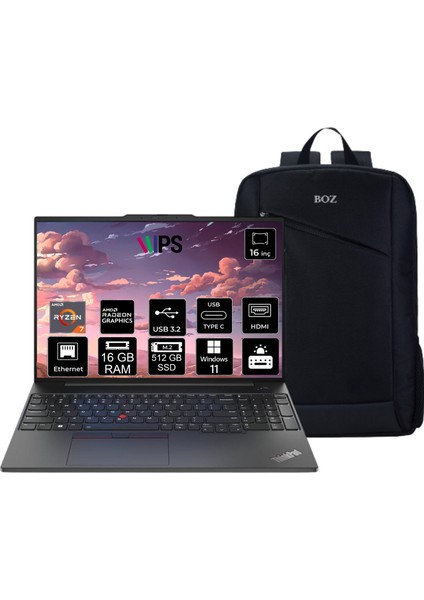 Thınkpad E16 Amd Ryzen 7 7730U 16 GB 512 GB SSD 16" Wuxga IPS Windows 11 Pro 21JT0017TX + Boz Çanta Hediyeli