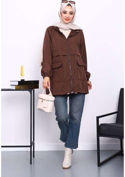 Kahverengi Kapüşonlu Fermuarlı Kısa Trenç fiyatları