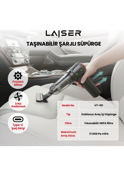 Mini, Katlanabilir LED Ekranlı 17.000 Pa 3ın1 Çekme-Vakum-Üfleme Özellikli Şarjlı Araç Süpürgesi