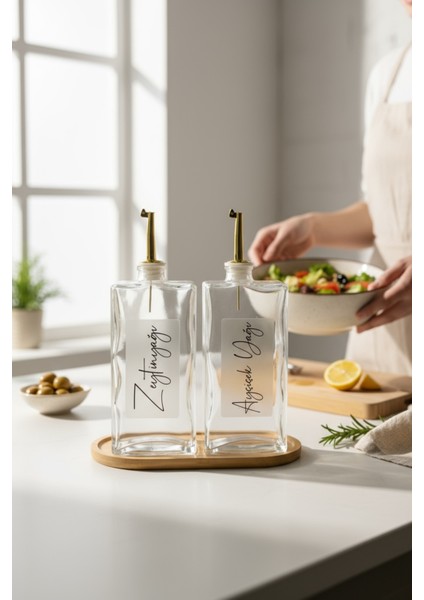 2'li Gold Kapaklı Cam Standlı Ayçiçek ve Zeytinyağı Etiketli Sosluk Sirkelik Yağdanlık Seti 750ML