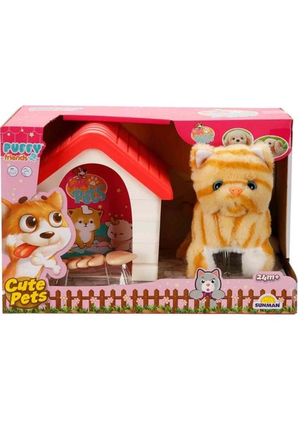 Sesli ve Hareketli Kulübeli Sevimli Peluş Kedi Kız Erkek Çocuk Oyuncak Eğitici Oyuncaklar