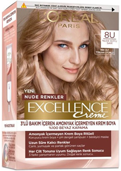Loreal Excellence Creme Nude Renkler Saç Boyası 8u Koyu Sarı