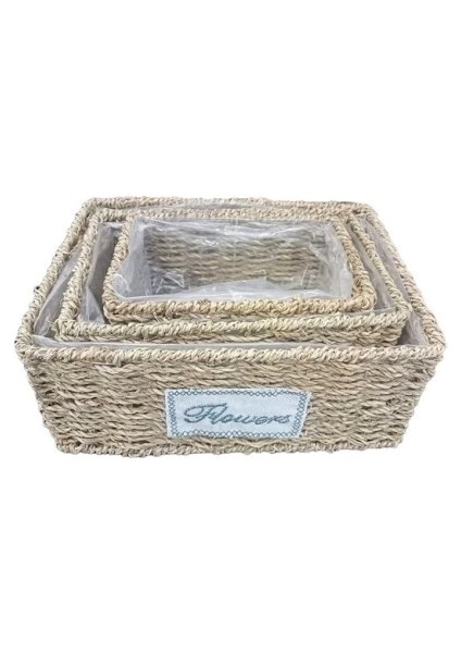 Dikdörtgen Doğal Hasır Saksı Seti - 3'lü