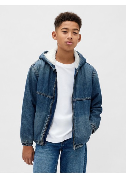 Erkek Çocuk Mavi Sherpa Astarlı Fermuarlı Ceket