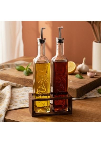 Olea - 2'li Ahşap Yüksek Standlı Cam Zeytinyağı Şişesi Yağdanlık Damlatmaz Yağlık Sirkelik 500ML