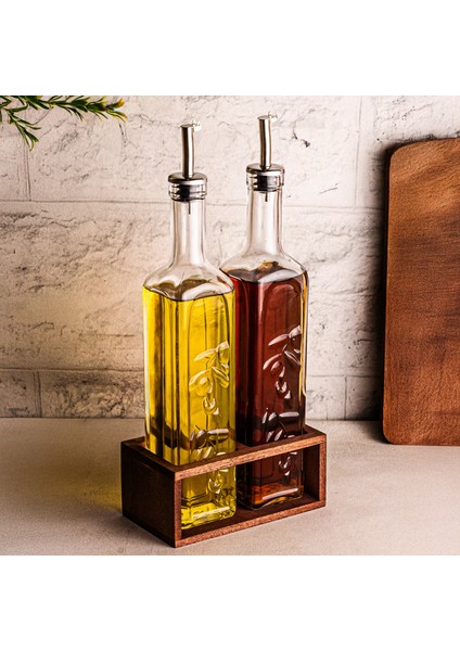 Olea - 2'li Ahşap Yüksek Standlı Cam Zeytinyağı Şişesi Yağdanlık Damlatmaz Yağlık Sirkelik 500ML fiyatları