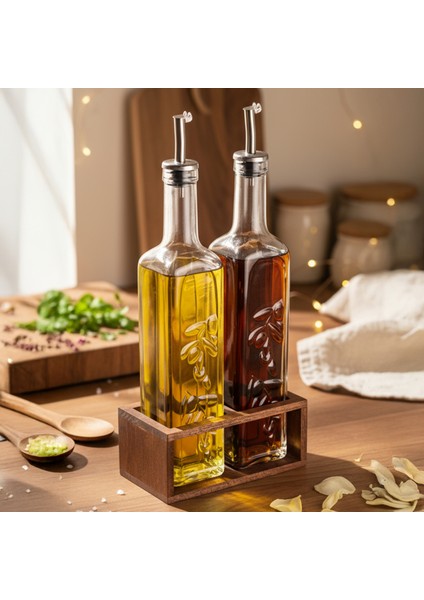 Olea - 2'li Ahşap Yüksek Standlı Cam Zeytinyağı Şişesi Yağdanlık Damlatmaz Yağlık Sirkelik 500ML modelleri