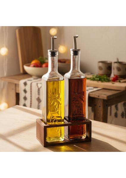Olea - 2'li Ahşap Yüksek Standlı Cam Zeytinyağı Şişesi Yağdanlık Damlatmaz Yağlık Sirkelik 500ML fırsatları